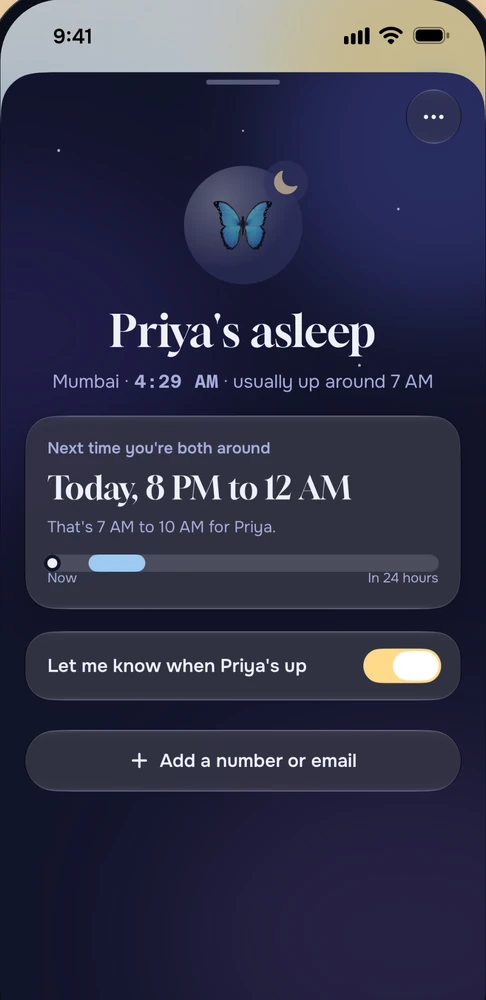 Priya's card in Orbit: she's asleep in Mumbai and usually up around 7 AM