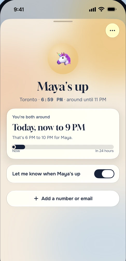 Maya's card in Orbit: she's up in Toronto, and you're both around today until 9 PM