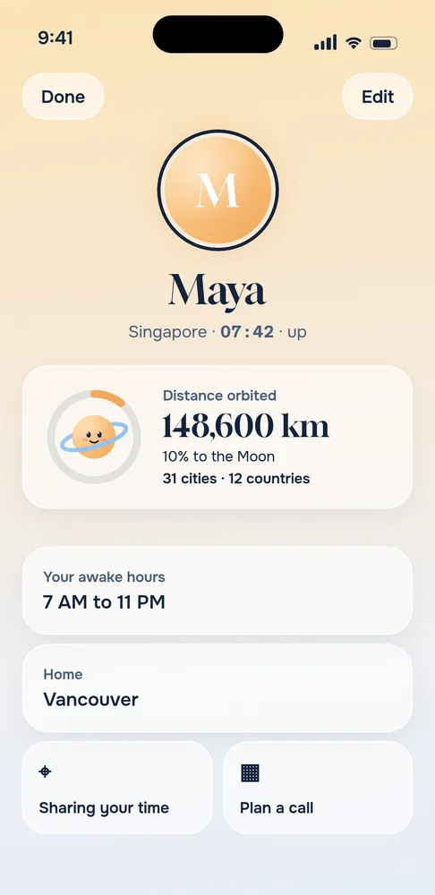 Maya's profile in Orbit: 148,600 km orbited, 10% of the way to the Moon, across 31 cities and 12 countries