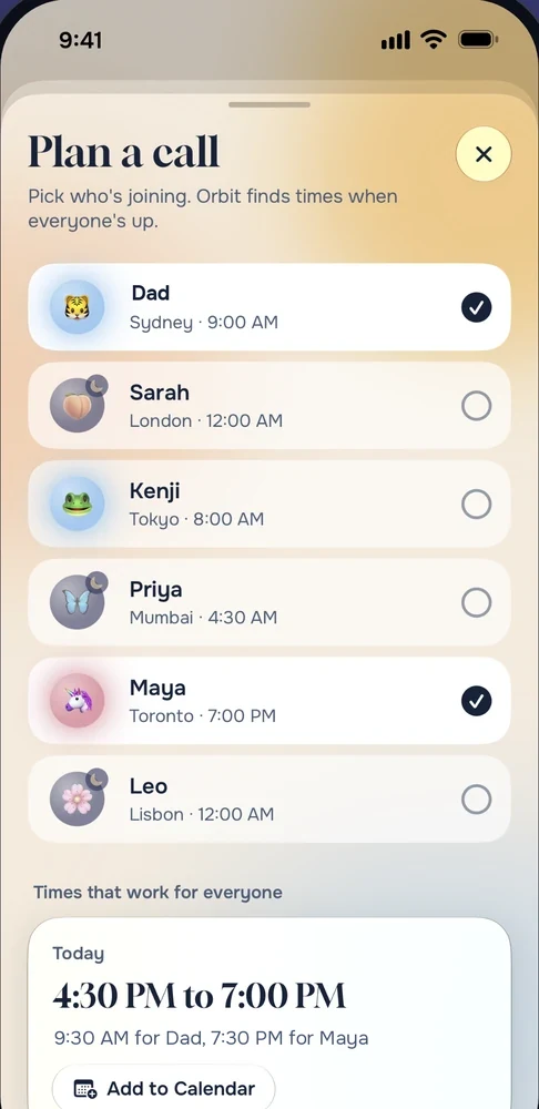 Orbit's call planner with Dad in Sydney and Maya in Toronto selected, finding 4:30 PM to 7 PM today
